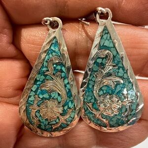 926 Sterling Silver and Turquoise Inlay Floral Earrings